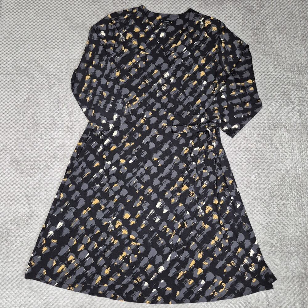 H By Halston Women Wrap Front Dress Black V Neck Geo Printed XL 3/4 Sleeves